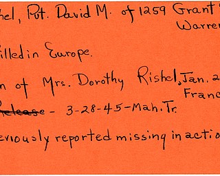 World War II, Vindicator, David M. Rishel, Warren, killed, Europe, Mrs. Dorothy Rishel, France, 1945, missing