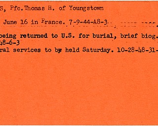 World War II, Vindicator, Thomas H. Roberts, Youngstown, killed, France, 1944, body returned to U.S., burial, 1948, funeral