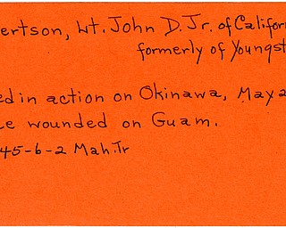 World War II, Vindicator, John D. Robertson Jr., Youngstown, California, killed, Okinawa, wounded twice, Guam, 1945, Mahoning, Trumbull