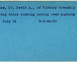 World War II, Vindicator, David A. Robins, Hickory Township, missing, Austria, 1944, Trumbull