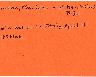 World War II, Vindicator, John F. Robinson, New Wilmington, killed, Italy, 1945, Mahoning