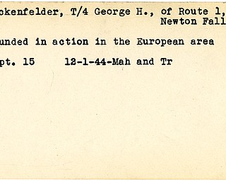 World War II, Vindicator, George H. Rockenfelder, Newton Falls, wounded, Europe, 1944, Mahoning, Trumbull