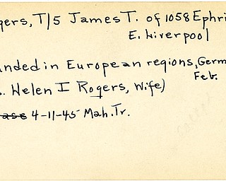 World War II, Vindicator, James T. Rodgers, East Liverpool, wounded, Europe, Germany, Mrs. Helen I. Rogers, Mrs. Helen I. Rodgers, 1945, Mahoning, Trumbull, James T. Rogers