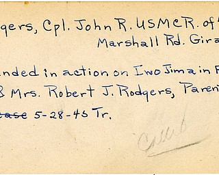 World War II, Vindicator, John R. Rodgers, Girard, wounded, Iwo Jima, Mr. & Mrs. Robert J. Rodgers, 1945, Trumbull