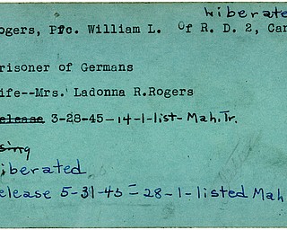 World War II, Vindicator, William L. Rogers, Canfield, prisoner, Germans, Germany, Mrs. Ladonna R. Rogers, 1945, Mahoning, Trumbull, liberated