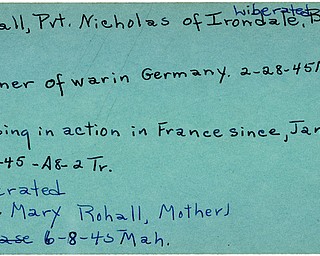 World War II, Vindicator, Nicholas Rohall, Irondale, prisoner, Germany, 1945, Mahoning, Trumbull, missing, France, liberated, Mrs. Mary Rohall
