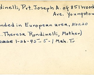 World War II, Vindicator, Joseph A. Rondinelli, Youngstown, wounded, Europe, Mrs. Theresa Rondinelli, 1945, Mahoning, Trumbull