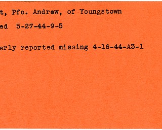 World War II, Vindicator, Andrew Root, Youngstown, missing, killed, 1944