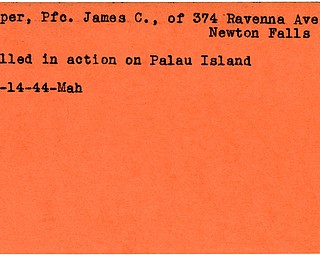 World War II, Vindicator, James C. Roper, Newton Falls, killed, Palau Island, 1944, Mahoning