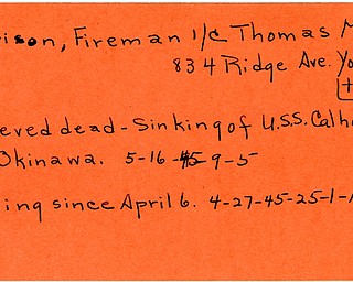 World War II, Vindicator, Thomas M. Rorrison, Youngstown, missing, believed dead, sinking, U.S.S. Calhoun, Okinawa, 1945, Mahoning, Trumbull