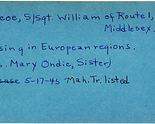 World War II, Vindicator, William Roscoe, Middlesex, missing, Europe, Mrs. Mary Ondic, 1945, Mahoning, Trumbull