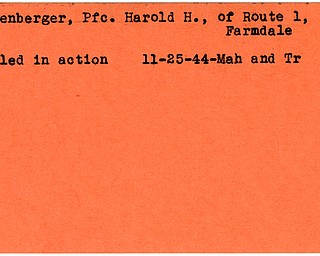 World War II, Vindicator, Harold H. Rosenberger, Farmdale, killed, 1944, Mahoning, Trumbull