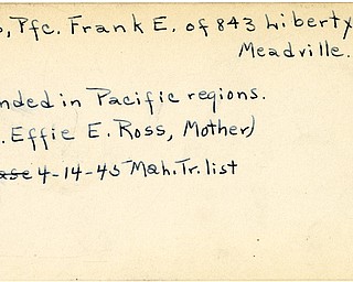 World War II, Vindicator, Frank E. Ross, Meadville, wounded, Pacific, Mrs. Effie E. Ross, 1945, Mahoning, Trumbull