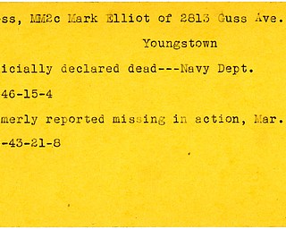 World War II, Vindicator, Mark Elliot Ross, Youngstown, missing, 1942, 1943, officially declared dead, Navy Department, 1946