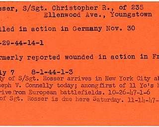 World War II, Vindicator, Christopher R. Rosser, Youngstown, killed, Germany, 1944, wounded, France, New York City, SS Joseph V. Connelly, 1947