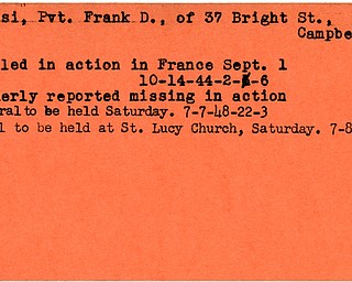 World War II, Vindicator, Frank D. Rossi, Campbell, killed, France, 1944, missing, funeral, St. Lucy Church, 1948