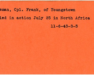 World War II, Vindicator, Frank Rossman, Youngstown, killed, North Africa, 1943