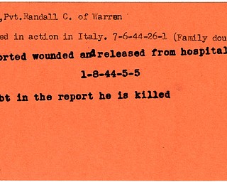 World War II, Vindicator, Randall C. Roth, Warren, killed, Italy, 1944, wounded, released from hospital, family doubts