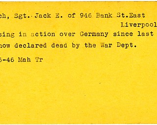 World War II, Vindicator, Jack E. Rouch, East Liverpool, missing, Germany, declared dead, 1946, Mahoning, Trumbull