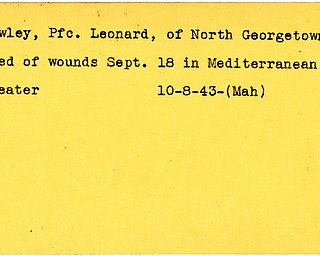 World War II, Vindicator, Leonard Rowley, North Georgetown, wounded, died of wounds, killed, Mediterranean Theater, 1943, Mahoning, Mediterranean