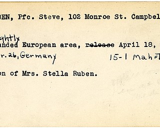 World War II, Vindicator, Steve Ruben, Campbell, wounded, Europe, Germany, 1945, Mahoning, Trumbull, Mrs. Stella Ruben