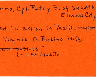 World War II, Vindicator, Patsy S. Rubino, Ellwood City, killed, Pacific, Mrs. Virginia O. Rubino, 1945, Mahoning, Trumbull