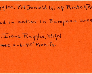World War II, Vindicator, Donald U. Ruggles, Ravenna, killed, Europe, Mrs. Irene Ruggles, 1945, Mahoning, Trumbull