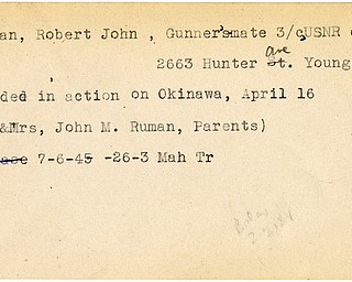 World War II, Vindicator, Robert John Ruman, Youngstown, wounded, Okinawa, Mr. & Mrs. John M. Ruman, 1945, Mahoning, Trumbull