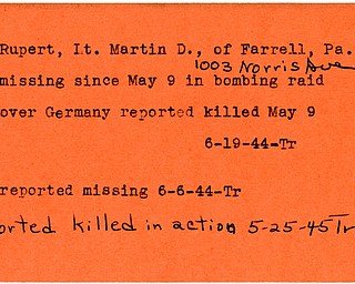 World War II, Vindicator, Martin D. Rupert, Farrell, Pennsylvania, missing, Germany, killed, 1944, Trumbull, 1945, Trumbull