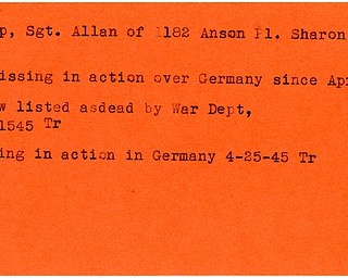 World War II, Vindicator, Allan Rupp, Sharon, missing, Germany, listed as dead by War Dept, 1945, Trumbull