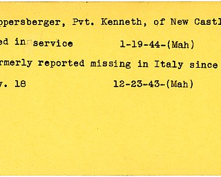 World War II, Vindicator, Kenneth Ruppersberger, New Castle, Pennsylvania, died in service, 1944, Mahoning, missing, Italy, 1943