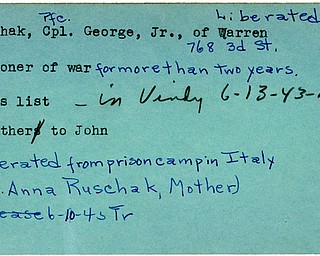 World War II, Vindicator, George Ruschak Jr., Warren, prisoner, 1943, Brother to John Ruschak, liberated, prison camp in Italy, Mrs. Ann Ruschak, 1945, Trumbull