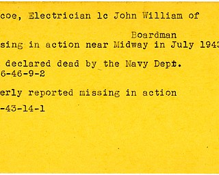 World War II, Vindicator, John William Ruscoe, Boardman, missing, Midway, 1943, declared dead, 1946, Navy Department
