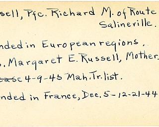 World War II, Vindicator, Richard M. Russell, Salineville, wounded, Europe, Mrs. Margaret E. Russell, 1945, Mahoning, Trumbull, France, 1944