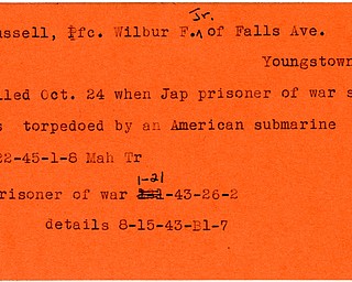 World War II, Vindicator, Wilbur F. Russell Jr., Youngstown, killed, Jap prisoner, 1945, Mahoning, Trumbull, 1943