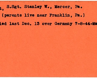 World War II, Vindicator, Stanley W. Rust, Mercer, Pennsylvania, Franklin, killed, Germany, 1944, Mahoning