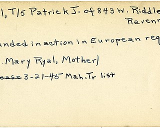 World War II, Vindicator, Patrick J. Ryal, Ravenna, wounded, Europe, Mrs. Mary Ryal, 1945, Mahoning, Trumbull