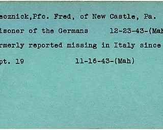 World War II, Vindicator, Fred Rzecznick, New Castle, Pennsylvania, prisoner, Germans, 1943, Mahoning, missing, Italy