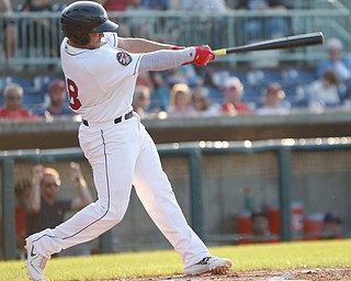 Scrappers' Yainer Diaz hits a homerun during their game against the Spikes at Eastwood Field on Thursday night. EMILY MATTHEWS | THE VINDICATOR