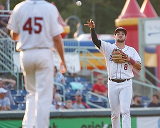 Scrappers' Henry Pujols throws the ball back to pitcher Liam Jenkins after catching a line drive during their game against the Spikes at Eastwood Field on Thursday night. EMILY MATTHEWS | THE VINDICATOR