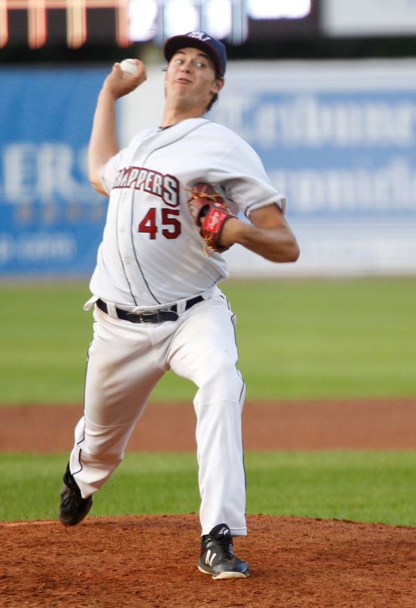 Scrappers' Liam Jenkins pitches during their game against the Spikes at Eastwood Field on Thursday night. EMILY MATTHEWS | THE VINDICATOR