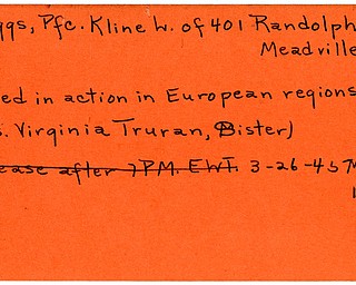 World War II, Vindicator, Kline L. Griggs, Meadville, killed, Europe, Virginia Truran, 1945, Mahoning, Trumbull