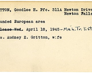 World War II, Vindicator, Goodloe H. Gritton, Newton Falls, wounded, Europe, 1945, Mahoning, Trumbull, Audney E. Gritton