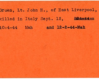 World War II, Vindicator, John H. Gruen, East Liverpool, killed, Italy, 1944, Mahoning