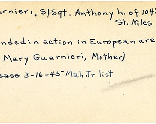 World War II, Vindicator, Anthony Guarnieri, Niles, wounded, Europe, Mary Guarnieri, 1945, Mahoning, Trumbull