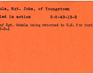World War II, Vindicator, John Gubula, Youngstown, killed, 1943, body being returned, 1949, burial