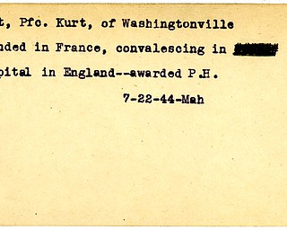 World War II, Vindicator, Kurt Gudat, Washingtonville, wounded, France, hospital, England, Awarded P.H, 1944, Mahoning