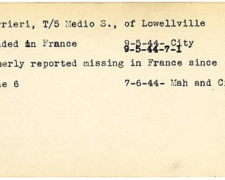 World War II, Vindicator, Medio S. Guerrieri, Lowellville, wounded, France, 1944, missing, Mahoning