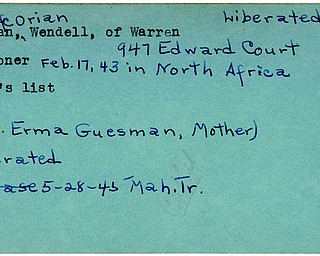 World War II, Vindicator, Orian Wendell Guesman, Warren, prisoner, North Africa, 1943, liberated, 1945, Mahoning, Trumbull, Erma Guesman