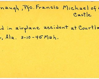 World War II, Vindicator, Francis Michael Guinaugh, New Castle, killed, airplane accident, Courtland Field, 1945, Mahoning, Alabama